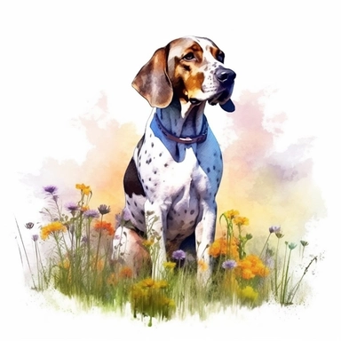 detailed watercolor clipart, photography style, beautiful hound dog, in a meadow, HDR, spring floral,self shadow, white background