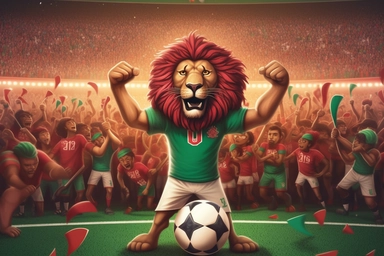 lion atlas, national football team celebrating, cartoon, world cup 2030, clipart, background of stadium full of supporters, red and green, moroccan flag, detailed, ultra HD, charismatic, creative,detailed faces, ultrarealistic, passion, one lion holding a ball, many lions behind him celebrating ,fierce,