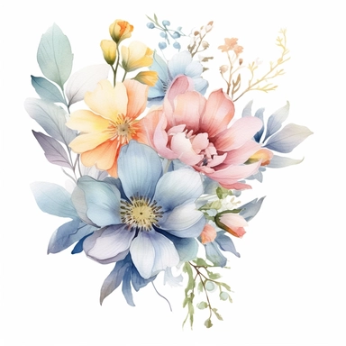 watercolor spring flower group for corner of invitation, clipart isolated on clear white background, soft colors, boho, lithograph, 32k uhd, textural