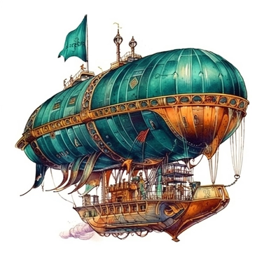 Steampunk airship image, dirigible-style, steampunk, intense colors, luxurious, victorian, clipart, watercolour, dark teal watercolor, white background, detailed,
