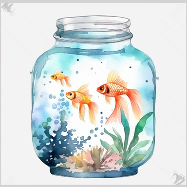 Watercolor fish tank clipart, white isolated background, space out, hd