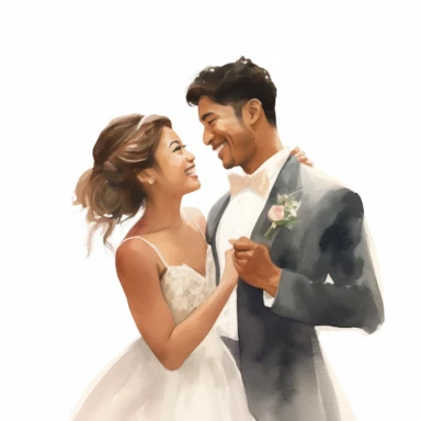 Brown-skinned bride and Asian groom, laughing together during the reception, jovial and delighted, watercolor, Pixar style, Clipart on a white background.