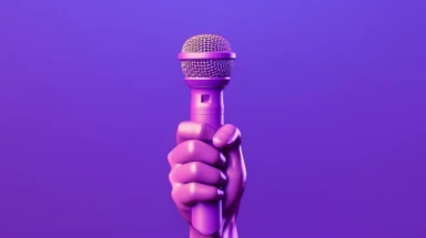 3d render, cartoon character hand holds microphone. Rock concert clip art isolated on violet background, Bright color, ultra realistic