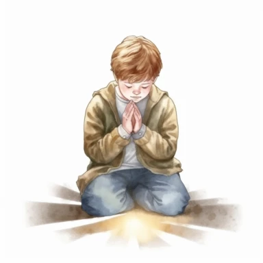 Child praying on his knees, light shinning above him, Watercolor style, clipart solid white backgroung