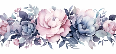 a watercolor flower clipart with large roses, in the style of allover composition, light pink and dark azure, decorative borders, wallpaper, hand-painted details, light magenta and gray, commission for