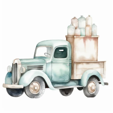 watercolor old pickup truck with milk bottles in back clipart white background