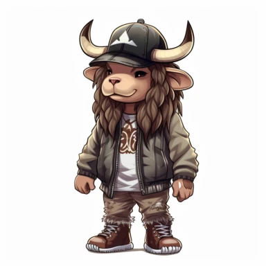 highly detailed clipart of a furry baby long haired breed cow child like toddler person with cow features standing up wearing a baseball cap and dressed in 2023 style hip hop rapper fashion and sneakers and jewelry. child like cow looking furry long haired breed of cow. cow nose and horns, Shein.com style clothing