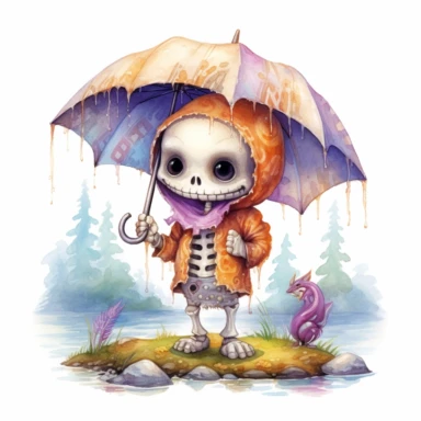 Cute Adorable magical little skeleton holds laterally a umbrella in his hand wears a raincape and stand in the rain on a country road, clipart, photorealistic illustration, watercolor, high detail, 8k polished, 8k, vibrant colors, white background