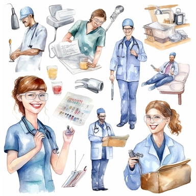 watercolor doctor related scenes  Products for dentists to screen, diagnose & treat patients, illustrations clipart set, simple, , cartoon elements ,different variants , nurse, doctor, ,separate elements with a margin