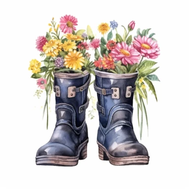watercolor, Flowers in rubber wellies set. Floral branches, plants with gentle blooms, and leaves in gum boots. Gumboots with delicate summer bouquets png Full body realistic cartoon in 32K UHD cute. 15 cm thick outline. Black color. There was no shadow on the ground. 8k with realistic watercolors and detailed illustrations. PNG clipart, transparent white background