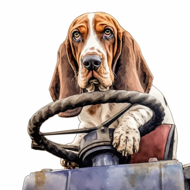 close up high detailed, Hand drawn watercolor clipart of Bassett Hound on a tractor seat, on a pure white background for background removal, no shadow, no paint splash