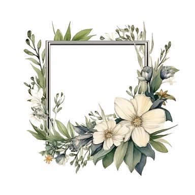 watercolor clipart of a empty suttle dainty floral rectangle frame surrounded by sage green color flowers and ivory color flowers. Capture the essence of blooming beauty and intricate details in your artwork, white background