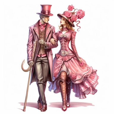 Steampunk partners enjoying a romantic stroll, both wearing red and pink steampunk ensembles, with a single steampunk rose nestled in the lapel of their attire, representing their blooming love. Ultra high quality, intricate detail, retro - futurism, pastel clipart, white background
