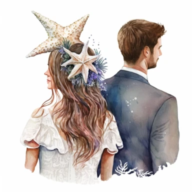 Boho nautical style, wedding bride and groom, back view, seastar, seashell, fantasy, white background, watercolor, hyperrealism, high detail, separate elements, set, clipart