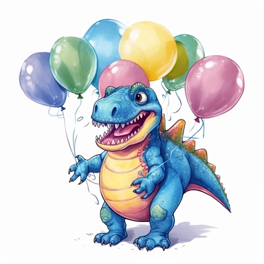 a T-Rex cartoon character holding colorful balloons for a birthday party, glamorous , Gouache, white background with margins, Clipart style