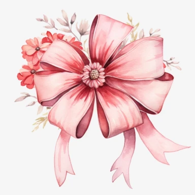 Generate clipart of a watercolor-style gift bow, little flowers around, in pastel red light tones, high detail, 8k, white background, clipart