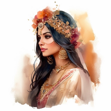 Glamorous and romantic wedding realistic watercolor, the beautiful profile of the Indian bride with long black wavy hair, wearing bohemian jewelry, with henna on her hands, wearing Juliet cap veil, translucent, multi-layered, delicate, with a bouquet of orchids, greenery, very delicate colors, golden hour, fashion photography, watercolor clipart--ar 3:2--no watermarks, no text