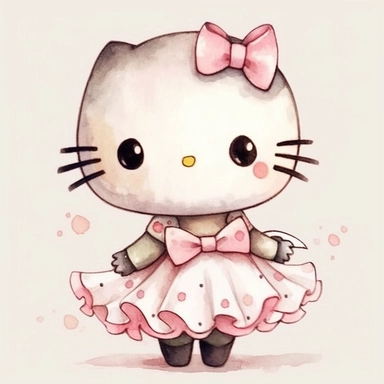 hello kitty, hand drawn, watercolor, clipart, cute cartoon illustration, simple, white background