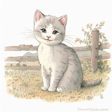 Cute - french style a farm kitten smiling clipart, happy kitten, happy facial expression, 1960, in the style of realistic watercolors, childlike innocence and charm, adorable eyes, rosy cheeks, shy posture, feminine sensibilities, realistic drawing in storybook illustration, pencil drawing by Angela Barrett, Elsa Beskow 300 DPI, valentines day themed, white background