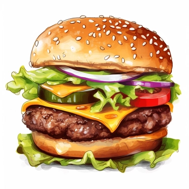 Imagine an appetizing hamburger clipart, meticulously detailed and drawn in a fun, appealing style. The clipart features a thick, juicy patty with a delightful char, resting in a soft bun. Additions of vibrant, crisp lettuce, a slice of ripe tomato, a melting piece of cheddar cheese, and a dash of secret sauce make this burger clipart look irresistibly delicious. Against a stark, white background, the colors pop, making it an enticing piece of art.