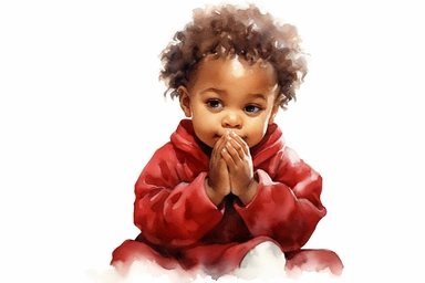 Watercolor happy cute beautiful brown skin african American baby girl praying wearing baby red and white christmas pajamas, christmas tree in the background, detailed clipart, isolated, spaced out--q 2