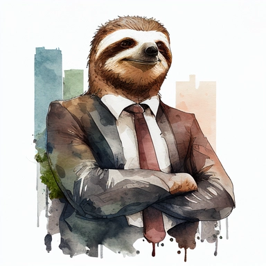 sloth as business man with a satisfied face expression in a business city, expresionist style, watercolor clipart
