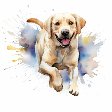 labrador retriever running, watercolor illustration, clipart, full body, hyper-realistic animal illustration, childlike, free brushwork, white background