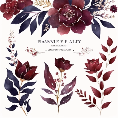 Burgundy Navy Watercolor Elegant Floral Clipart banner, Watercolor Flowers in the style of clipart banner. Burgundy Navy flowers clipart. white background