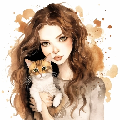 watercolour clipart of a woman with brown hair and brown eyes, the delicate and determined soul, has a deep affection for cats, black cat. She meticulously crafts digital designer papers and breathes life into digital journaling pages. Her finesse and devotion to her work are truly extraordinary. Her art is a testament to her unwavering pursuit of beauty and excellence, make her smiling, exalted mood, white background, 8k, f1