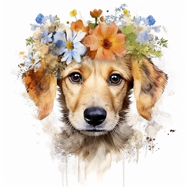isolated clipart, cute dog with flowers on its head, highly realistic, flickr, watercolorist, uhd image, multi-layered mixed media