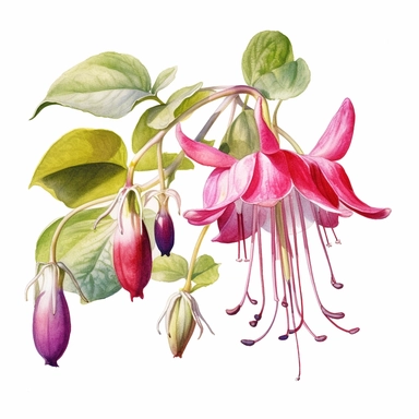 a watercolour painting of a fuchsia flower, in the style of uhd image, dansaekhwa, traditional, flourishing botanicals, exotic, white background, colorful, antique clipart, vibrant intense colors, photorealistic botanical satin drawing in the style of Pierre-Joseph Redoute, white background