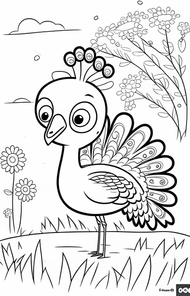 a cute and happy peacock in grasslands, black and white clipart for a kids coloring page, simple and clean, thin line art, accurate features, proportionally sized, illustration style,
