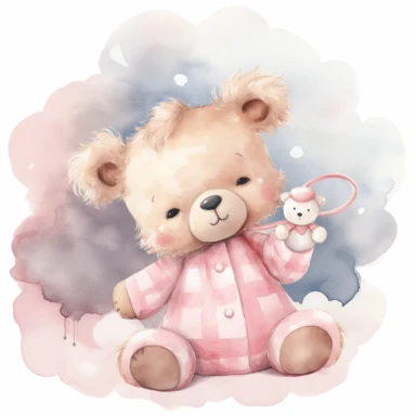 clipart, a whimsical illustration of a contented, loving and angelic baby teddy bear holding ababy pacifier/dummy on it's mouth, wearing pajamas, surrendered by pink fluffy clouds, Use a smooth and light watercolor technique to give the artwork a dreamy and ethereal quality