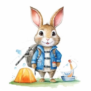 cute Rabbit character wearing camping clothes and camping gear with happy face,front facing on isolated background,with happy face and expression,Animal Sublimation Clipart,no splash watercolor,white background, ultra detailed clipart, cut out image, colorful watercolor realistic, cartoon style, ultra HD, sharp and clean art