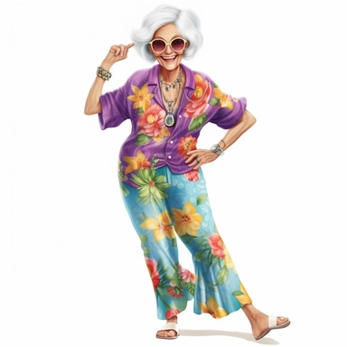 Beautiful Funny Happy Face Grandma Dressing Summer clothes full body Sublimation Clipart,Cartoon,hyper realistic, intricate detail, illustration style,high solution,on the white background