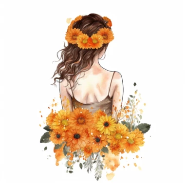 watercolor A woman's face, fullbody, back view White fabric leaves flowers Marigolds decorate hair, wedding dress with flowers Marigolds and leaves adorning her hair. hair up with flowers Marigolds vividly bold designs png Full body realistic cartoon in 32K UHD cute. 15 cm thick outline. Black color. There was no shadow on the ground. 8k with realistic watercolors. and detailed illustrations. PNG clipart, transparent white background