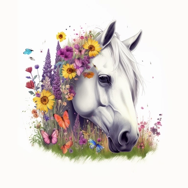 hyperrealistic, beautiful white horse head, grass and wild flowers with sun, cartoon style, no background, no shading, white background, funny and fruit, fantasy, Realistic colorful magic musroom, clipart background, sticker, drawing, fantasy, lot of details, psychedelic, no watermark, purple,