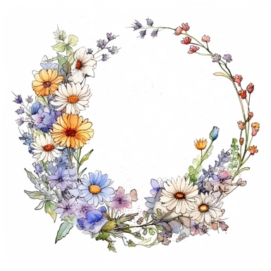 watercolor clipart of a empty suttle dainty floral circle frame surrounded by summer flowers. Capture the essence of blooming beauty and intricate details in your artwork, white background