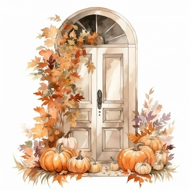 White front door, pumpkins, autumn leaves, beige color, watercolor, clipart, white background