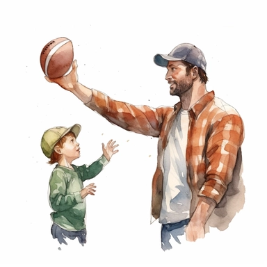 A father and son playing catch with a baseball or football, Watercolor, Clipart, transparent background PNG