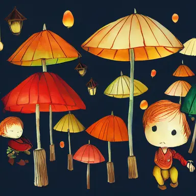 children in autumn clothes on a lantern parade, toadstools, waldorf, martinmas, chalk, watercolor, clipart, white background, cartoon