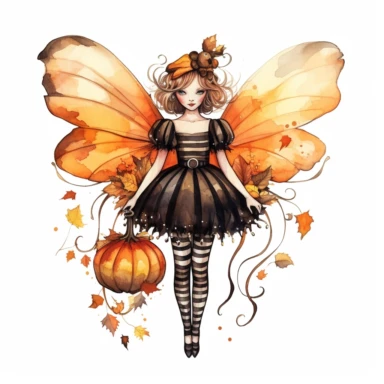 watercolor style Halloween fairy, clipart, large orange,wings, black white stripes, pumpkin, isolated on white background, in the style of Amy Brown, beautiful fall floral, bright color, crisp lines, chaos 8