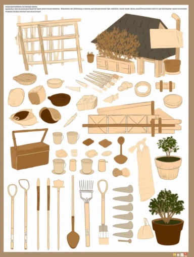 a garden clipart hjnd pg, in the style of minimalist objects, everyday life depiction, light brown and white, depictions of labor, painting and writing tools, grid, english countryside