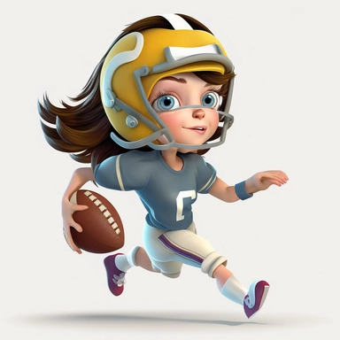 cute young girl playing american football, making a pass, passing, wearing a helmet, full body, smiling, american football, Sport graphics, action clipart, 16k, isolated on white background, 3d, rendered by pixar