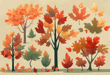 autumn leaves, tree, maple leaves, autumn clip art, autumn, stock image, in the style of flat illustrations, detailed background elements, 3840x2160, 20th century scandinavian style, nature morte, red and green, whimsical cartoon-style