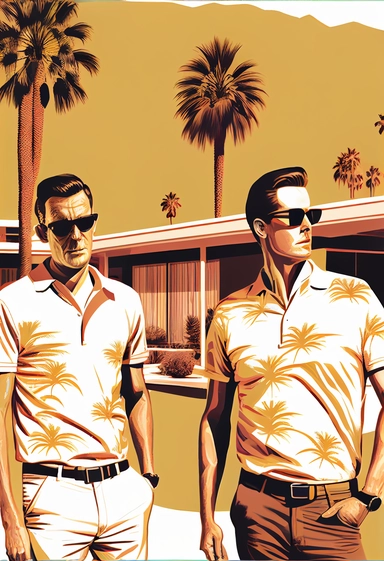 letraset clipart of two handsom wealthy younger men wearing polo shirts, each man is holding one martini, athletic bodies, posing in front of a midcentury modern building in palm springs, 1960's, happy, friendly, smug, sunglasses, washingtonia palms, low camera angle, pool