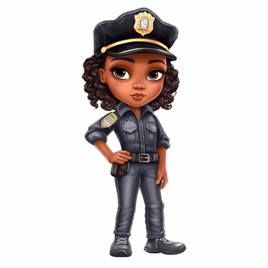 Cool cute black kid police, cool police clothes, female black girl, watercolor style, clipart solid white background