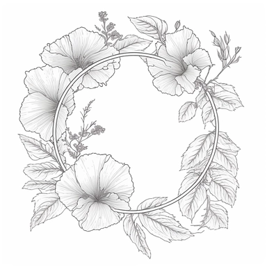 circle Botanical Frame, rose of sharon, clipart, white background, continuous line