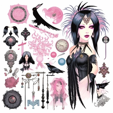 gothic clip art page white background , turnaround full body sprite page, photo realistic beautiful woman, Quilt design of portrait of a woman In the style of collage in swamp wedding makeup card captor sakura anime, candy candy, Phantom Thief Saint Tail, card captor sakura, pink mexican city, amazing, soft pastels, turquoise, shiny, neon, glitter and feathers, Jeremy Mann, Aleah Chain, leonadro da vincidroberto ferri sadness solitude death fashion, Intricate, watercolor, oil painting, pastelpun