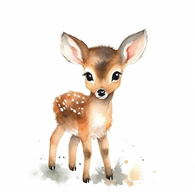 watercolor small cute christmas deer clipart with margins, digital watercolor, for children’s book, design lovely style, cartoon funny, simple watercolor, white clean background